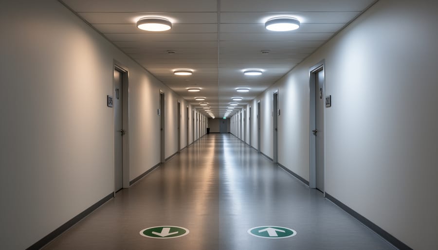 Office hallway illuminated by smart bulbs for clear visibility