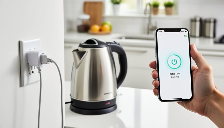 Smart plug inserted into a wall outlet powering a small home appliance in a living room