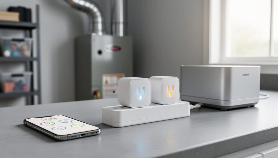 Close-up of smart plugs connected to a power strip in a clean commercial utility room, with a smartphone suggesting power monitoring for appliance automation.