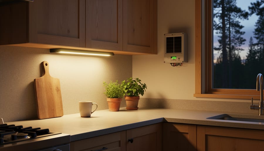 Solar panel and warm under-cabinet lighting illuminating a remote outdoor kitchen or cabin interior.