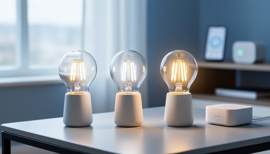 Three smart LED bulbs glowing softly in a modern living-room setting, shot in a medium hero view to suggest tested brightness for Home Assistant compatibility.