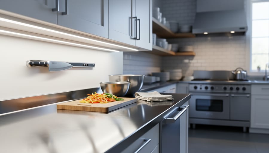 Under-cabinet LED strip lights illuminate a stainless countertop in a commercial kitchen setting, with cabinets and prep tools softly visible in the background.